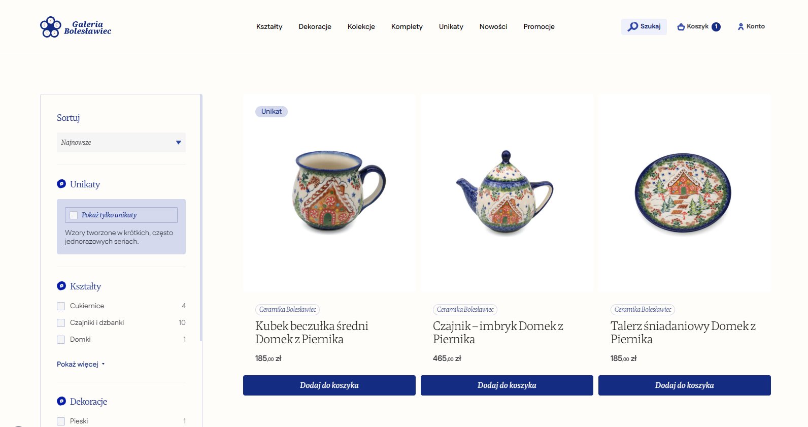 Lista produktów z filtrami kształtów i dekoracji w sklepie Galeria Bolesławiec