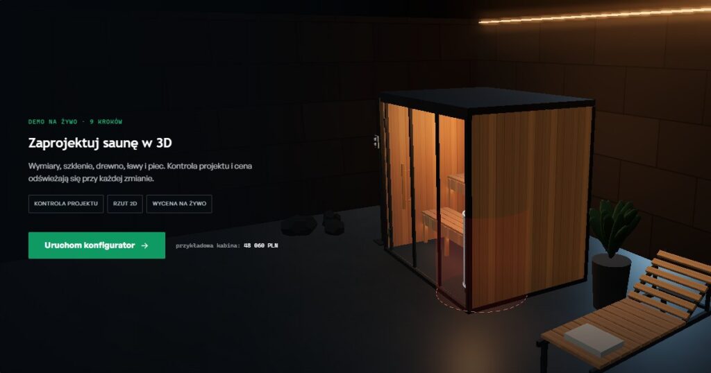 Konfigurator 3D na stronę internetową: model sauny ze szklanym frontem, ławami i piecem, z wyceną na żywo